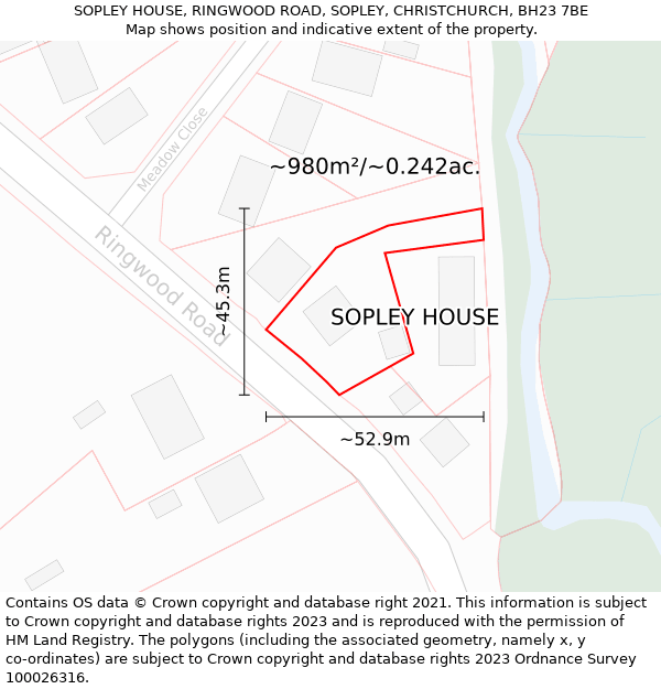 SOPLEY HOUSE, RINGWOOD ROAD, SOPLEY, CHRISTCHURCH, BH23 7BE: Plot and title map