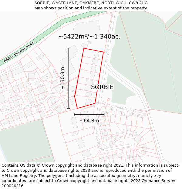 SORBIE, WASTE LANE, OAKMERE, NORTHWICH, CW8 2HG: Plot and title map