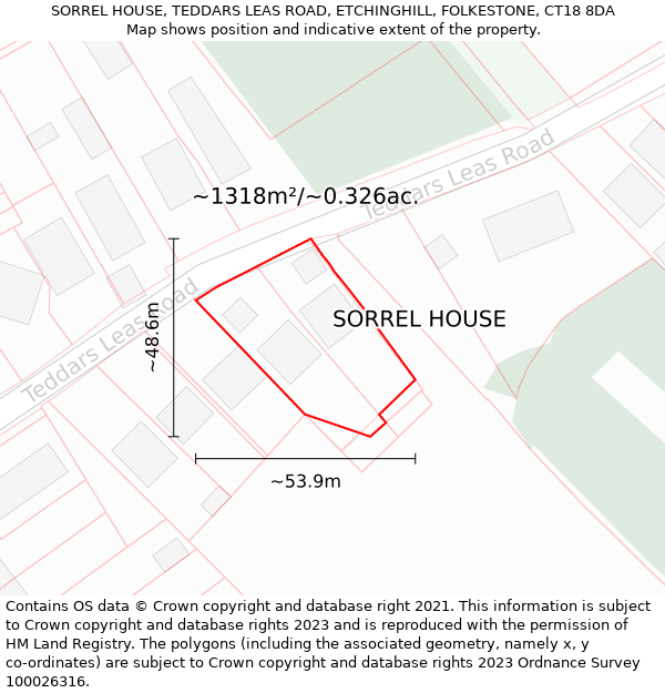SORREL HOUSE, TEDDARS LEAS ROAD, ETCHINGHILL, FOLKESTONE, CT18 8DA: Plot and title map