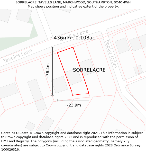 SORRELACRE, TAVELLS LANE, MARCHWOOD, SOUTHAMPTON, SO40 4WH: Plot and title map