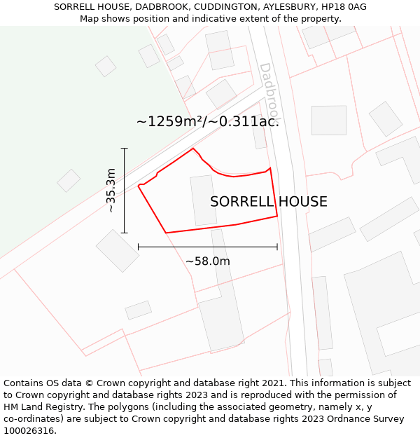 SORRELL HOUSE, DADBROOK, CUDDINGTON, AYLESBURY, HP18 0AG: Plot and title map