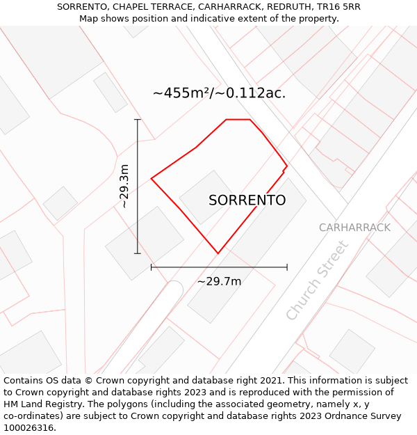 SORRENTO, CHAPEL TERRACE, CARHARRACK, REDRUTH, TR16 5RR: Plot and title map