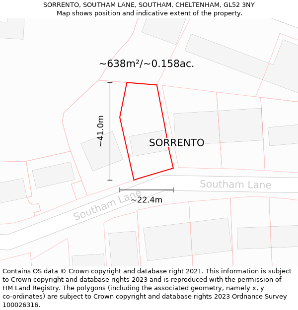 SORRENTO, SOUTHAM LANE, SOUTHAM, CHELTENHAM, GL52 3NY: Plot and title map