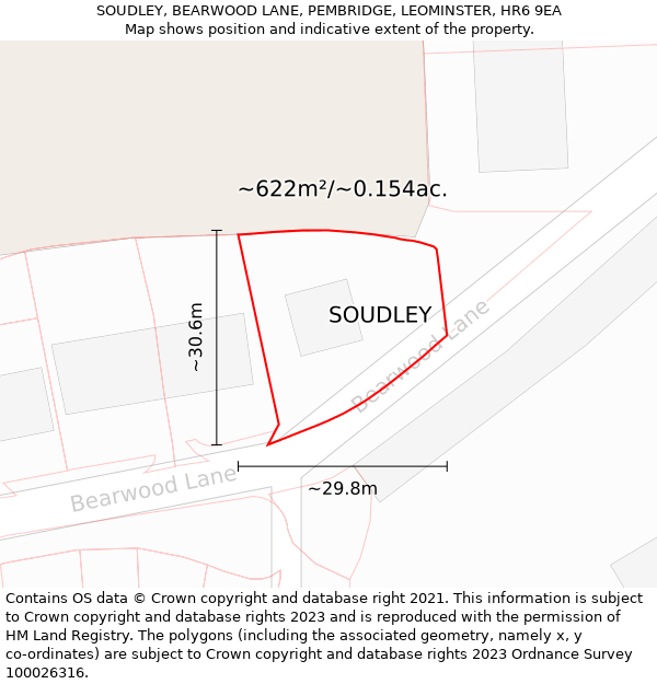 SOUDLEY, BEARWOOD LANE, PEMBRIDGE, LEOMINSTER, HR6 9EA: Plot and title map