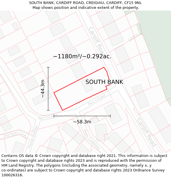 SOUTH BANK, CARDIFF ROAD, CREIGIAU, CARDIFF, CF15 9NL: Plot and title map