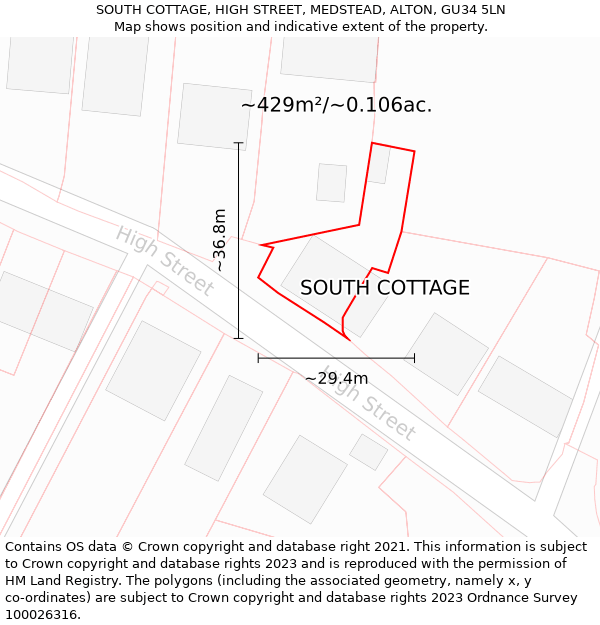 SOUTH COTTAGE, HIGH STREET, MEDSTEAD, ALTON, GU34 5LN: Plot and title map