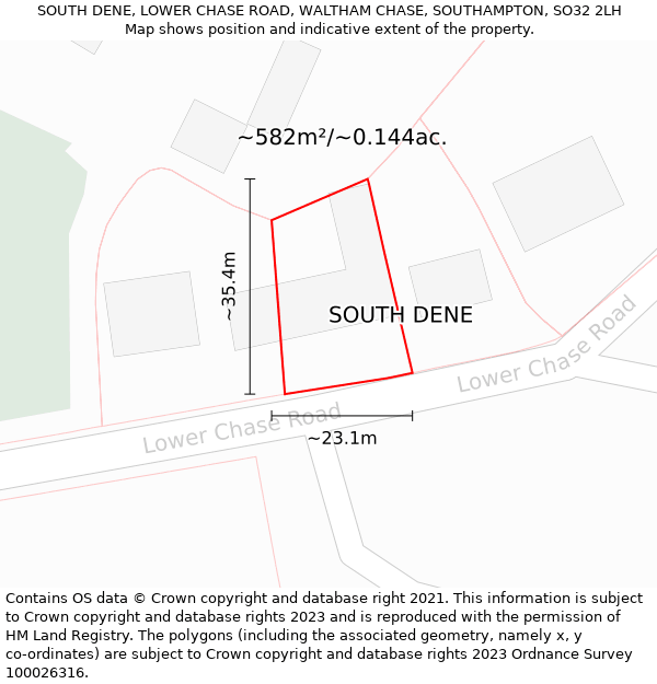 SOUTH DENE, LOWER CHASE ROAD, WALTHAM CHASE, SOUTHAMPTON, SO32 2LH: Plot and title map