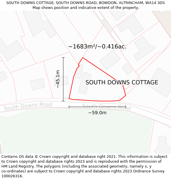 SOUTH DOWNS COTTAGE, SOUTH DOWNS ROAD, BOWDON, ALTRINCHAM, WA14 3DS: Plot and title map