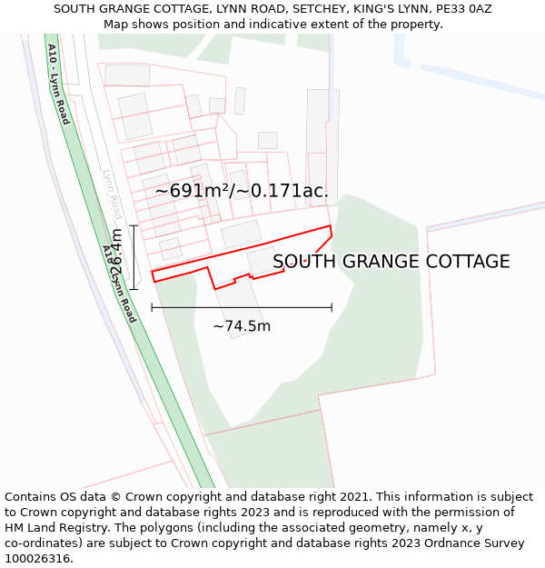 SOUTH GRANGE COTTAGE, LYNN ROAD, SETCHEY, KING'S LYNN, PE33 0AZ: Plot and title map