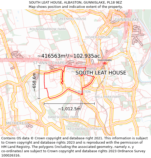 SOUTH LEAT HOUSE, ALBASTON, GUNNISLAKE, PL18 9EZ: Plot and title map