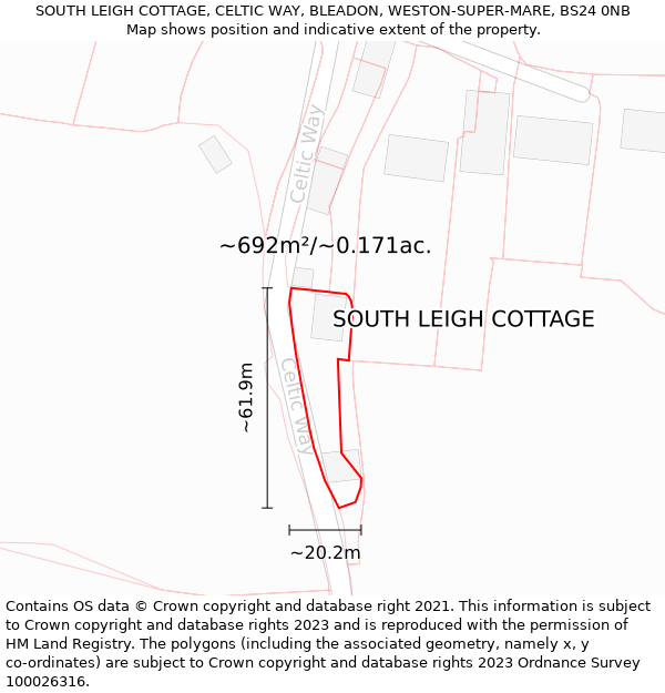 SOUTH LEIGH COTTAGE, CELTIC WAY, BLEADON, WESTON-SUPER-MARE, BS24 0NB: Plot and title map