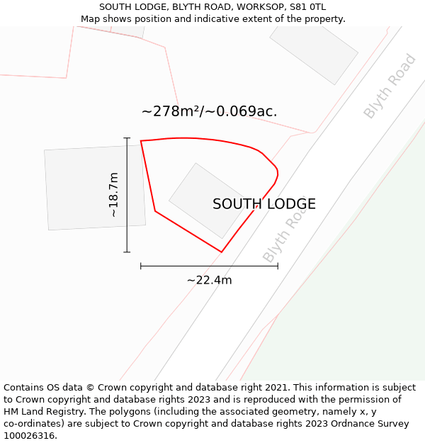 SOUTH LODGE, BLYTH ROAD, WORKSOP, S81 0TL: Plot and title map