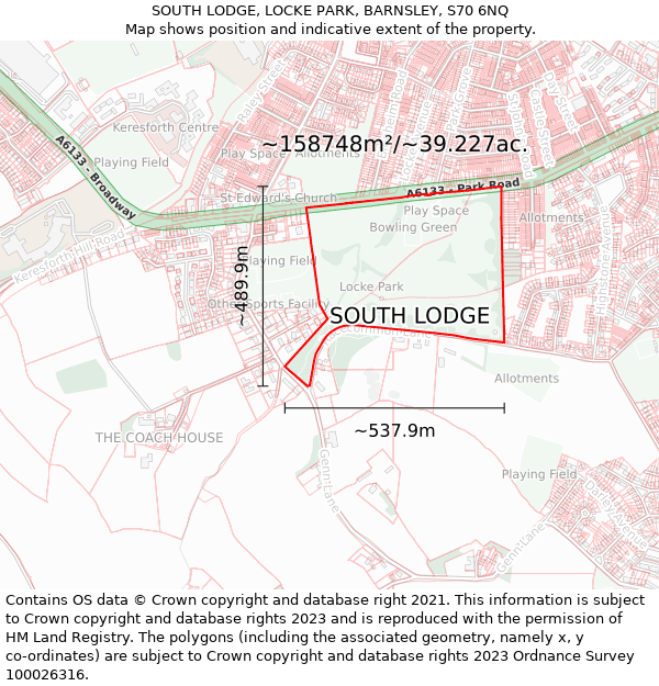 SOUTH LODGE, LOCKE PARK, BARNSLEY, S70 6NQ: Plot and title map