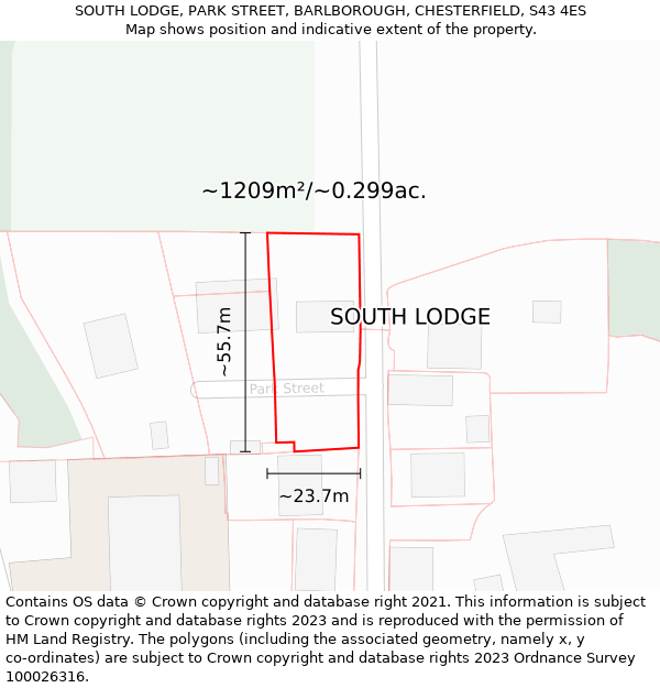 SOUTH LODGE, PARK STREET, BARLBOROUGH, CHESTERFIELD, S43 4ES: Plot and title map