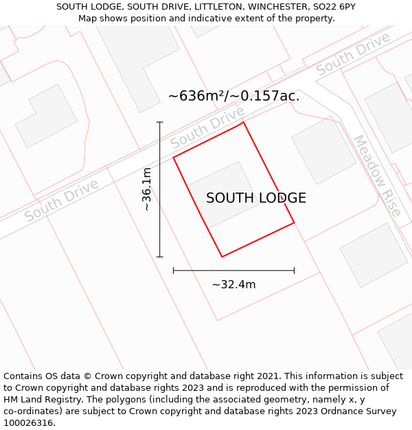 SOUTH LODGE, SOUTH DRIVE, LITTLETON, WINCHESTER, SO22 6PY: Plot and title map