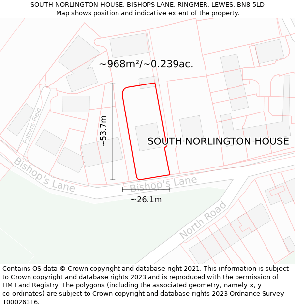 SOUTH NORLINGTON HOUSE, BISHOPS LANE, RINGMER, LEWES, BN8 5LD: Plot and title map