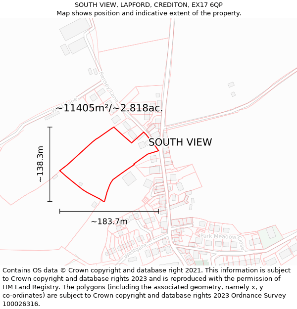 SOUTH VIEW, LAPFORD, CREDITON, EX17 6QP: Plot and title map