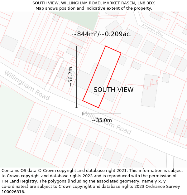 SOUTH VIEW, WILLINGHAM ROAD, MARKET RASEN, LN8 3DX: Plot and title map