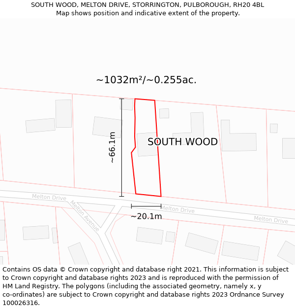 SOUTH WOOD, MELTON DRIVE, STORRINGTON, PULBOROUGH, RH20 4BL: Plot and title map