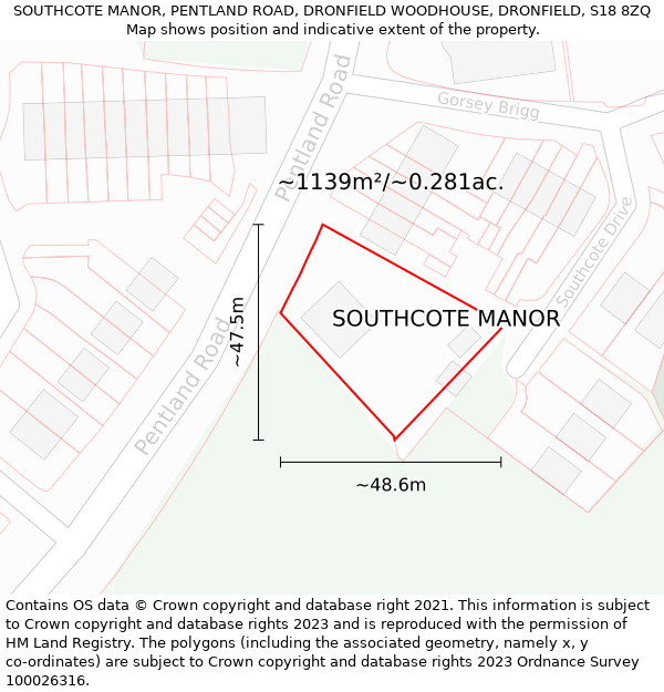 SOUTHCOTE MANOR, PENTLAND ROAD, DRONFIELD WOODHOUSE, DRONFIELD, S18 8ZQ: Plot and title map