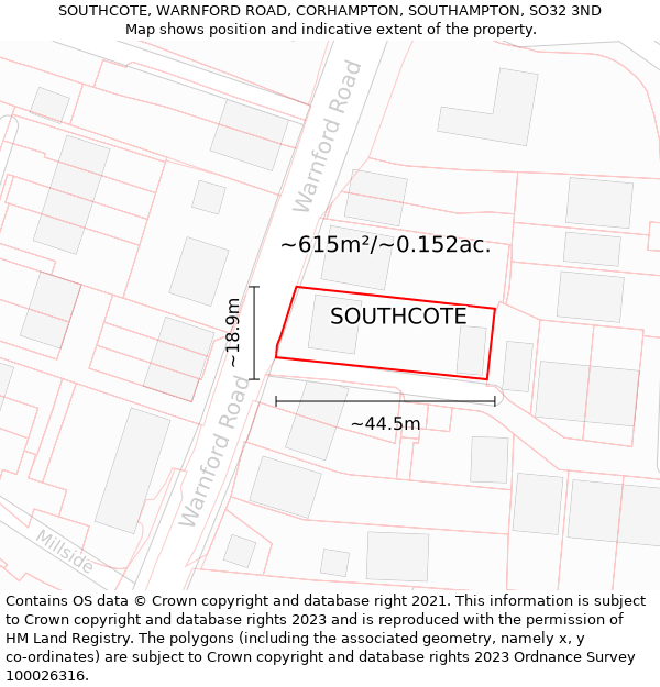 SOUTHCOTE, WARNFORD ROAD, CORHAMPTON, SOUTHAMPTON, SO32 3ND: Plot and title map