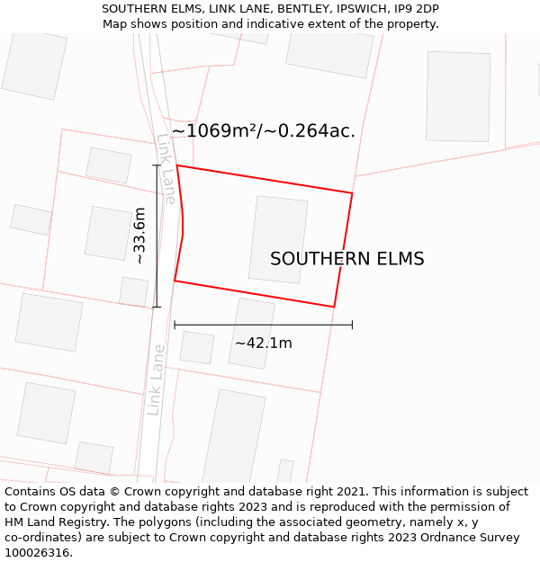 SOUTHERN ELMS, LINK LANE, BENTLEY, IPSWICH, IP9 2DP: Plot and title map