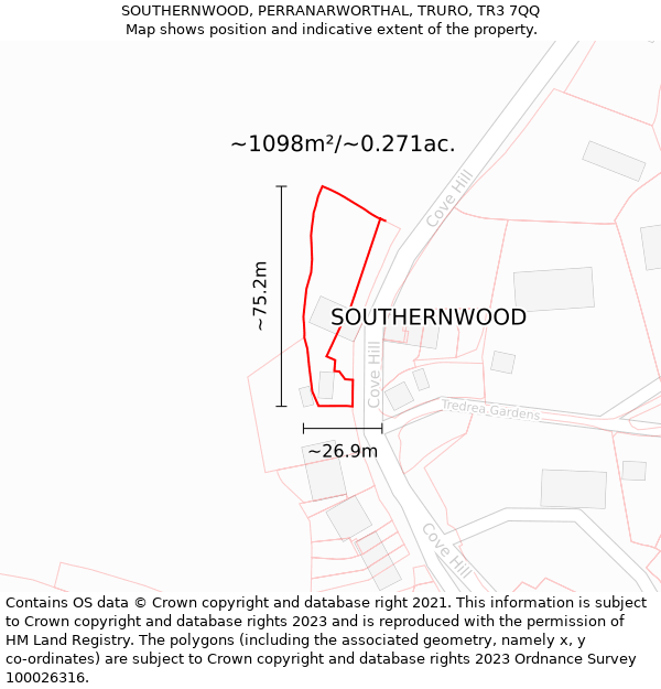 SOUTHERNWOOD, PERRANARWORTHAL, TRURO, TR3 7QQ: Plot and title map