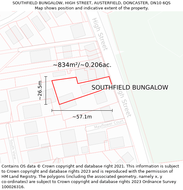 SOUTHFIELD BUNGALOW, HIGH STREET, AUSTERFIELD, DONCASTER, DN10 6QS: Plot and title map