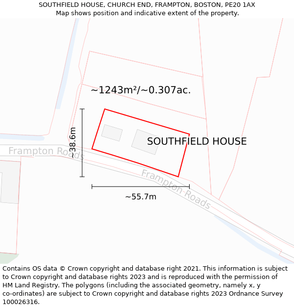 SOUTHFIELD HOUSE, CHURCH END, FRAMPTON, BOSTON, PE20 1AX: Plot and title map