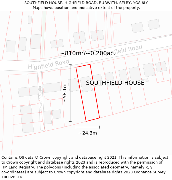 SOUTHFIELD HOUSE, HIGHFIELD ROAD, BUBWITH, SELBY, YO8 6LY: Plot and title map