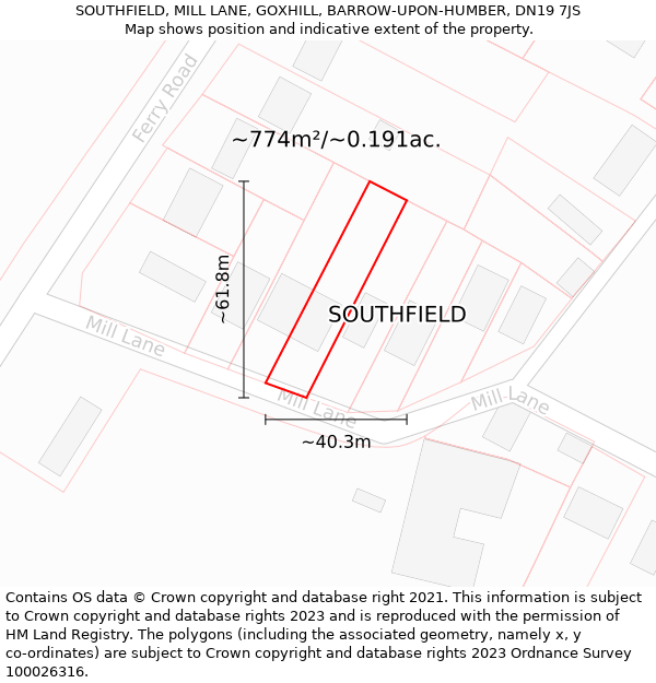 SOUTHFIELD, MILL LANE, GOXHILL, BARROW-UPON-HUMBER, DN19 7JS: Plot and title map