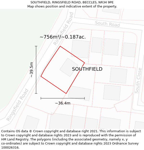SOUTHFIELD, RINGSFIELD ROAD, BECCLES, NR34 9PE: Plot and title map