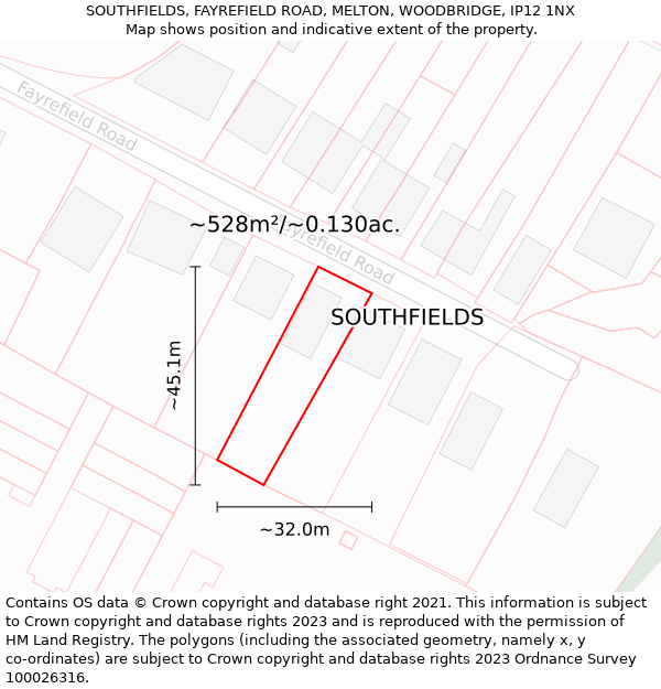 SOUTHFIELDS, FAYREFIELD ROAD, MELTON, WOODBRIDGE, IP12 1NX: Plot and title map