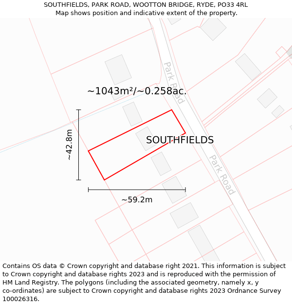 SOUTHFIELDS, PARK ROAD, WOOTTON BRIDGE, RYDE, PO33 4RL: Plot and title map