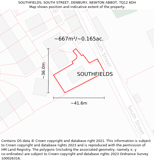 SOUTHFIELDS, SOUTH STREET, DENBURY, NEWTON ABBOT, TQ12 6DH: Plot and title map