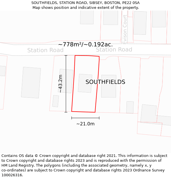SOUTHFIELDS, STATION ROAD, SIBSEY, BOSTON, PE22 0SA: Plot and title map