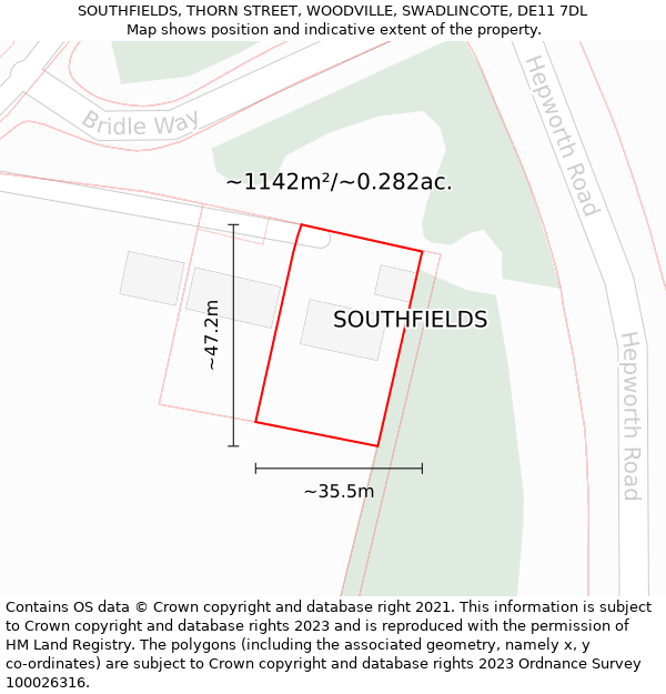 SOUTHFIELDS, THORN STREET, WOODVILLE, SWADLINCOTE, DE11 7DL: Plot and title map