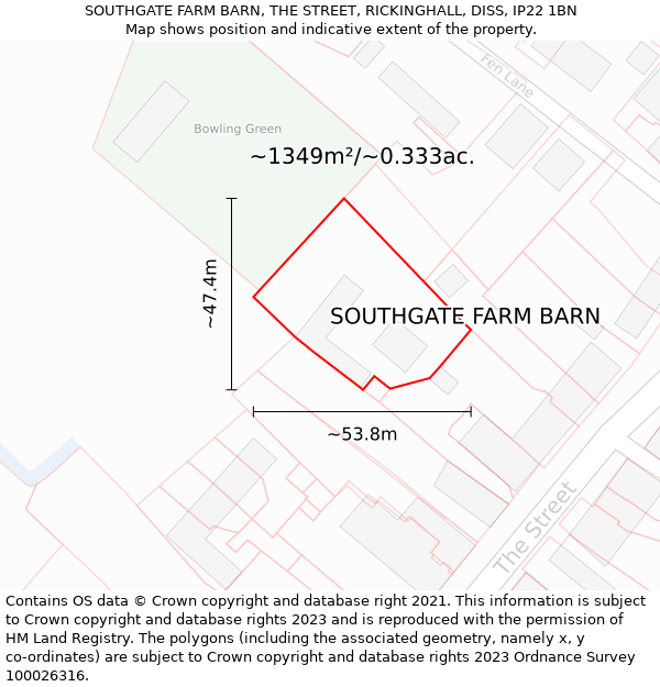 SOUTHGATE FARM BARN, THE STREET, RICKINGHALL, DISS, IP22 1BN: Plot and title map