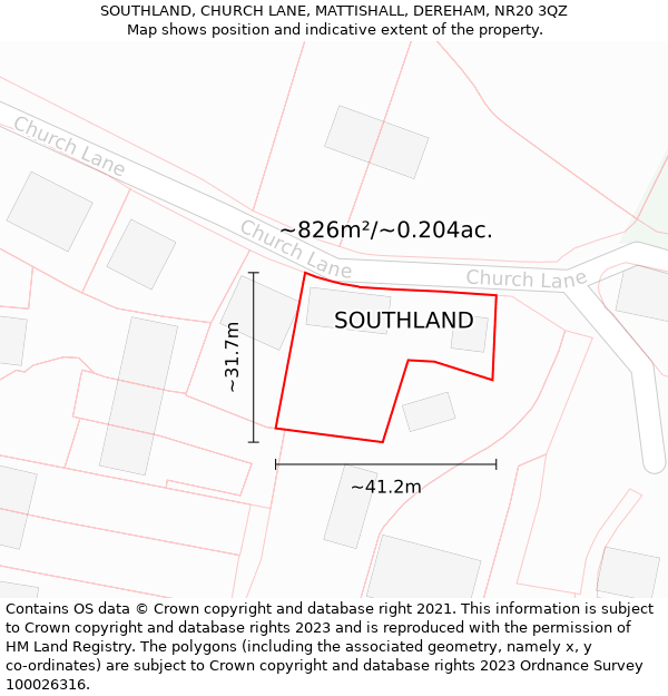 SOUTHLAND, CHURCH LANE, MATTISHALL, DEREHAM, NR20 3QZ: Plot and title map