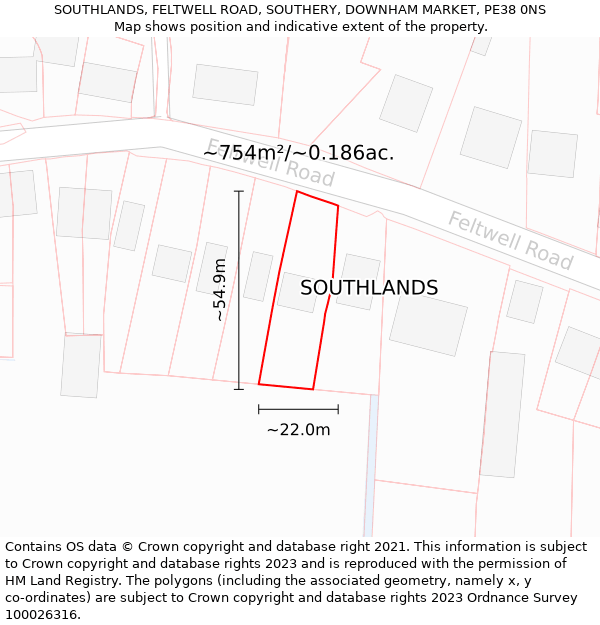 SOUTHLANDS, FELTWELL ROAD, SOUTHERY, DOWNHAM MARKET, PE38 0NS: Plot and title map