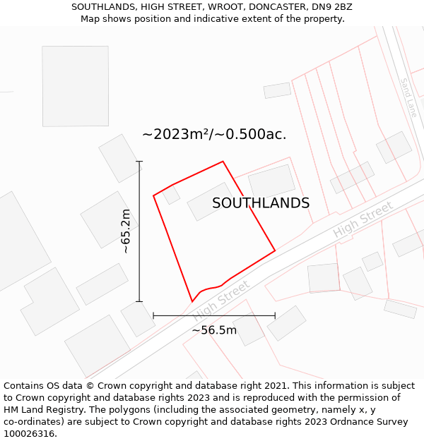 SOUTHLANDS, HIGH STREET, WROOT, DONCASTER, DN9 2BZ: Plot and title map