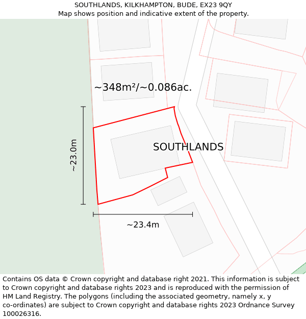 SOUTHLANDS, KILKHAMPTON, BUDE, EX23 9QY: Plot and title map