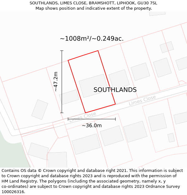 SOUTHLANDS, LIMES CLOSE, BRAMSHOTT, LIPHOOK, GU30 7SL: Plot and title map