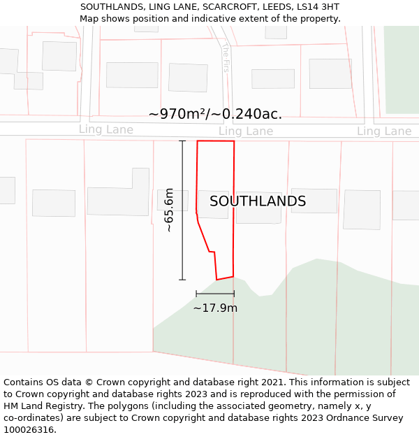 SOUTHLANDS, LING LANE, SCARCROFT, LEEDS, LS14 3HT: Plot and title map