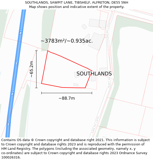 SOUTHLANDS, SAWPIT LANE, TIBSHELF, ALFRETON, DE55 5NH: Plot and title map