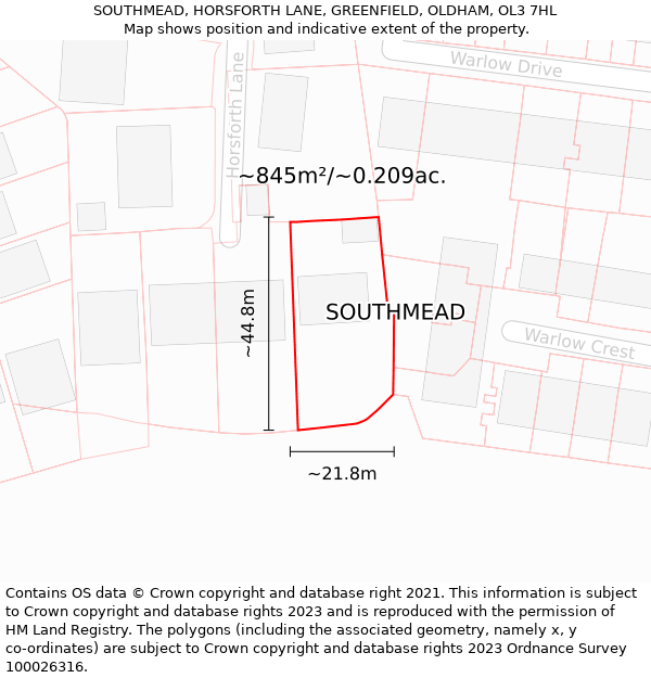 SOUTHMEAD, HORSFORTH LANE, GREENFIELD, OLDHAM, OL3 7HL: Plot and title map