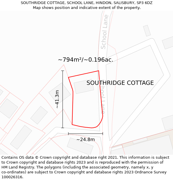 SOUTHRIDGE COTTAGE, SCHOOL LANE, HINDON, SALISBURY, SP3 6DZ: Plot and title map