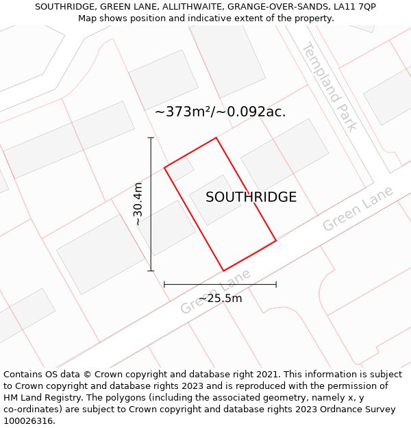 SOUTHRIDGE, GREEN LANE, ALLITHWAITE, GRANGE-OVER-SANDS, LA11 7QP: Plot and title map