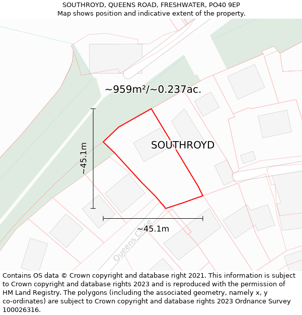 SOUTHROYD, QUEENS ROAD, FRESHWATER, PO40 9EP: Plot and title map