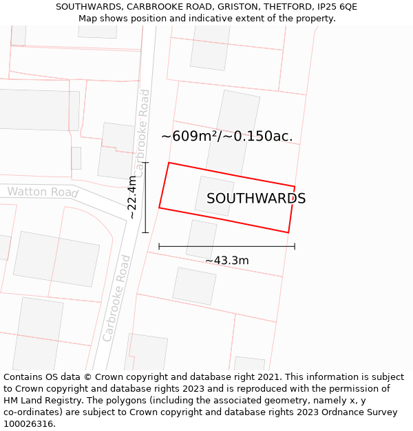 SOUTHWARDS, CARBROOKE ROAD, GRISTON, THETFORD, IP25 6QE: Plot and title map